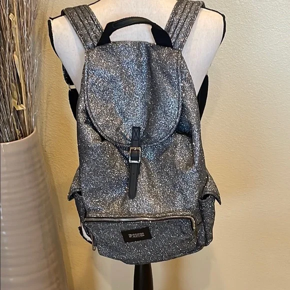 Victoria\'s Secret glitter drawstring silver backpack like new Victoria main image 3